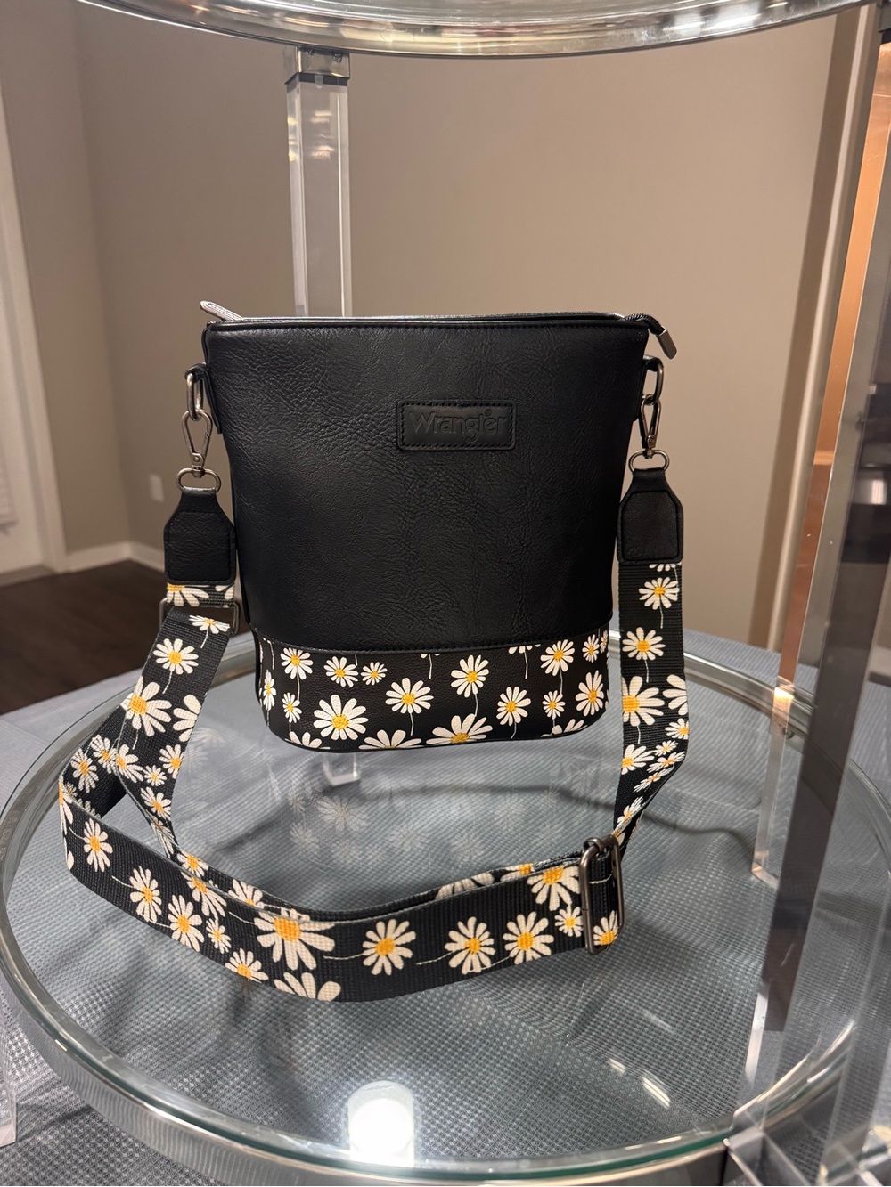 Wrangler Black Crossbody with Daisy-Print Strap